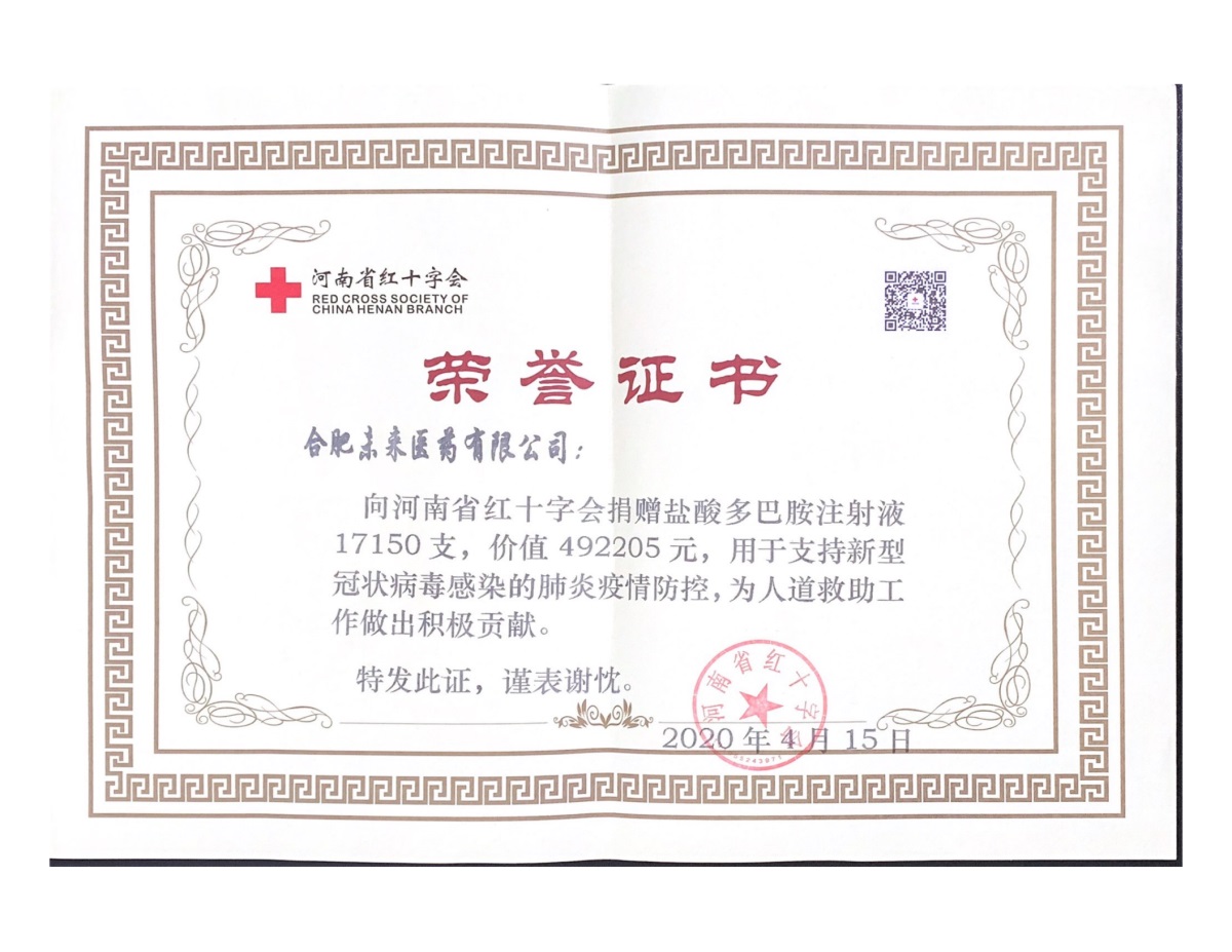 河南省紅十字會捐贈證書